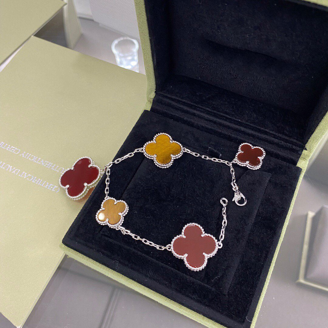 Mysitc CLOVER 5 MOTIFS SIVLER CARNELIAN TIGER EYE BRACELET