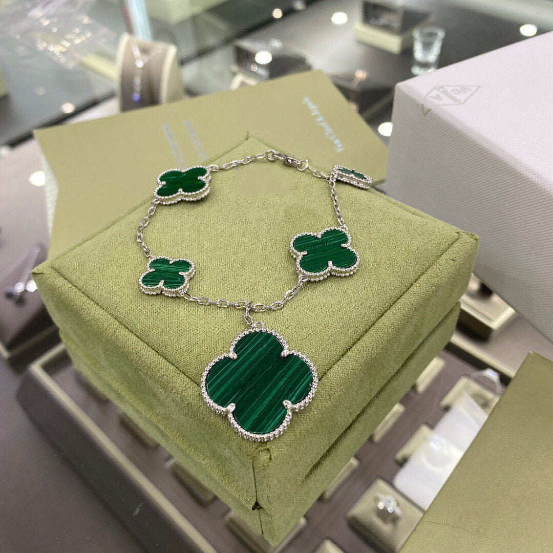 [Mystic]CLOVER 5 MOTIFS SIVLER MALACHITE BRACELET