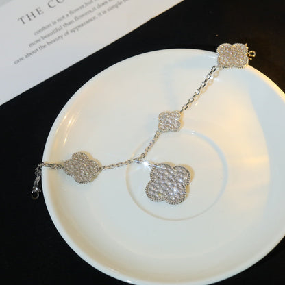 [Mystic]CLOVER BRACELET 5 MOTIF SILVER DIAMOND PAVED-w