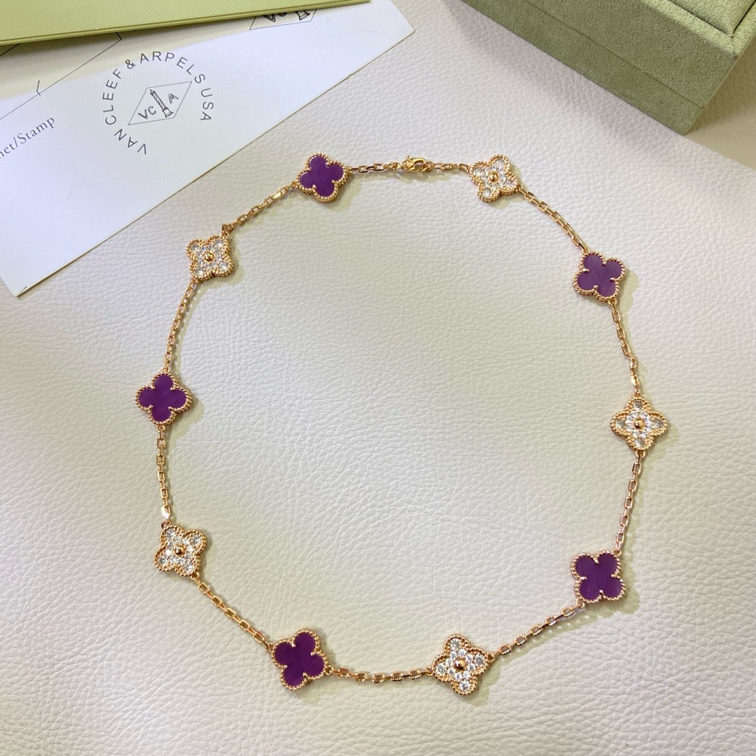 Mysitc CLOVER 10 MOTIFS  PURPLE VIOLET DIAMOND NECKLACE