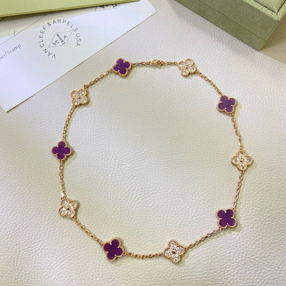 Mysitc CLOVER 10 MOTIFS  PURPLE VIOLET DIAMOND NECKLACE