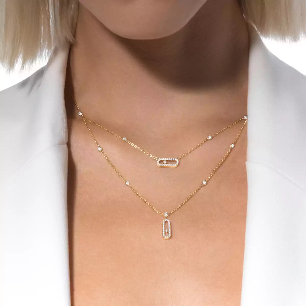 [Mystic ]2 Rows Rose Gold Diamond Pave_ Necklace Move Uno