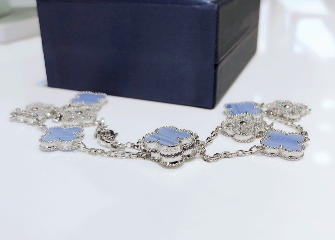 [Mystic]CLOVER 10 MOTIFS CHALCEDONY DIAMONDS SILVER NECKLACE